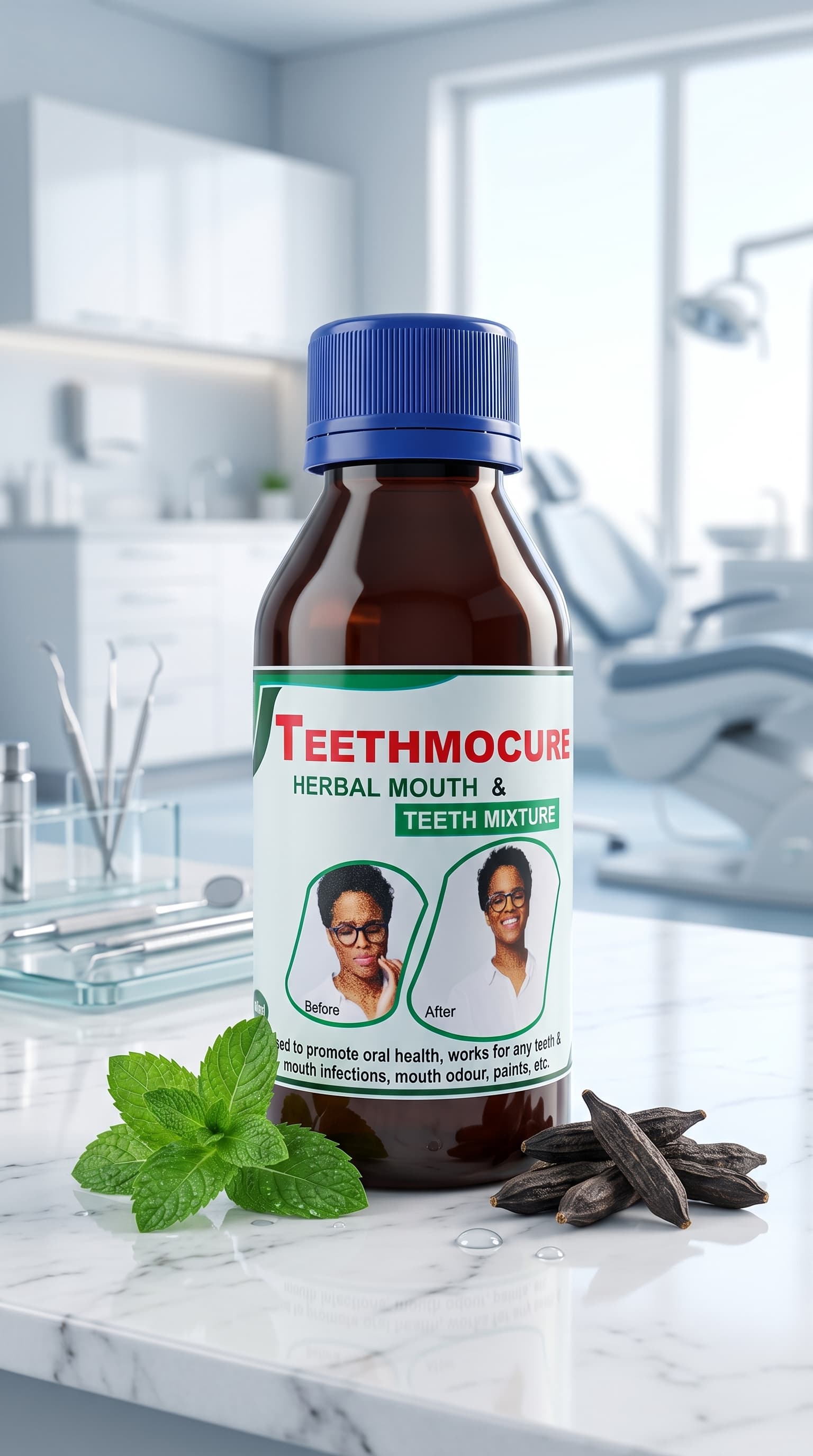 A 100ml amber glass bottle of Teethmocure Herbal Mouth & Teeth Mixture with a blue cap, beside fresh mint leaves and dried Xylopia aethiopica pods.